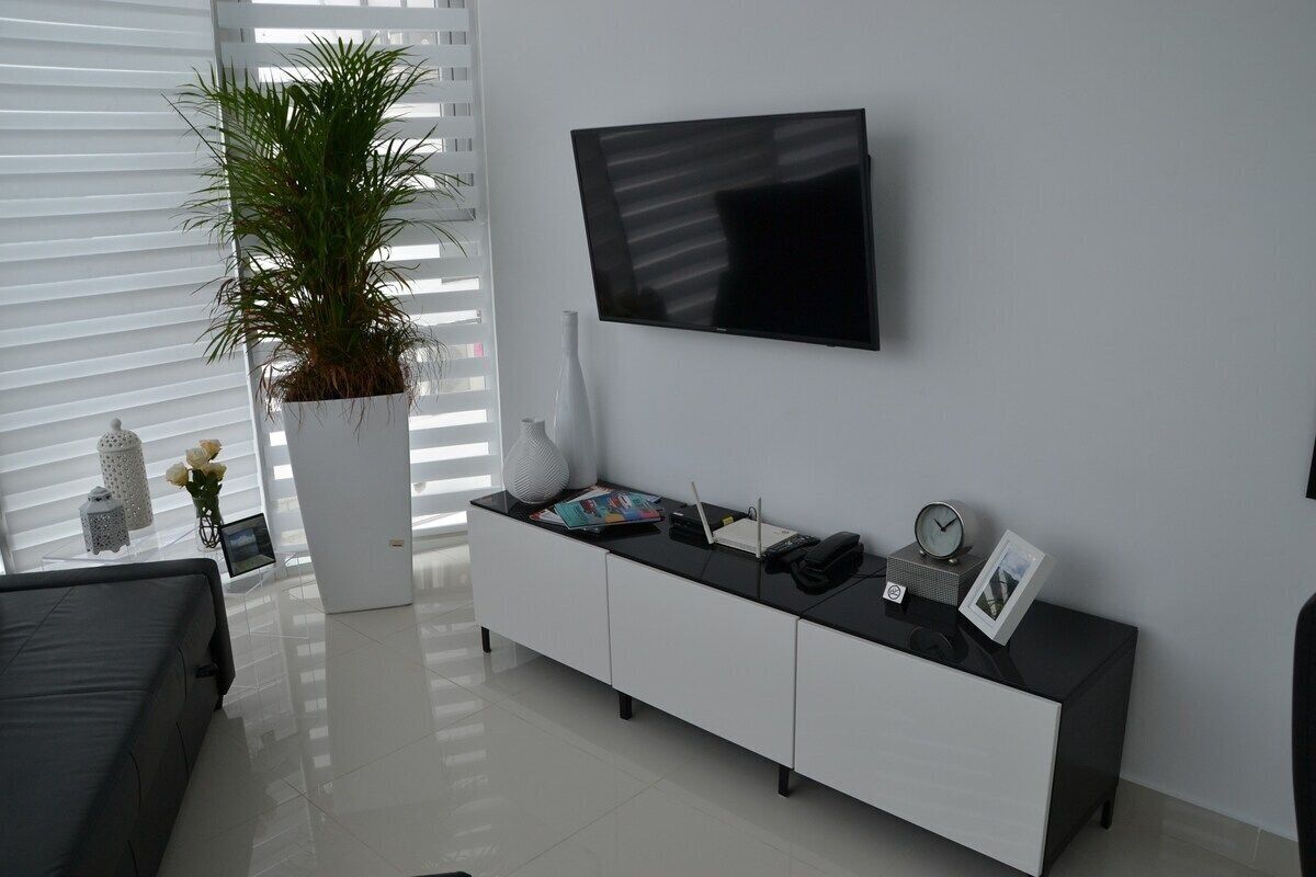 Una sala de estar moderna con un televisor de pantalla plana montado en la pared, una consola blanca con varios objetos, una planta grande en maceta y un sofá gris.