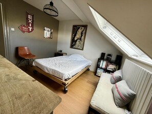 Ein Schlafzimmer mit einem Bett, einem Sessel, einem Bücherregal und einem Oberlicht.