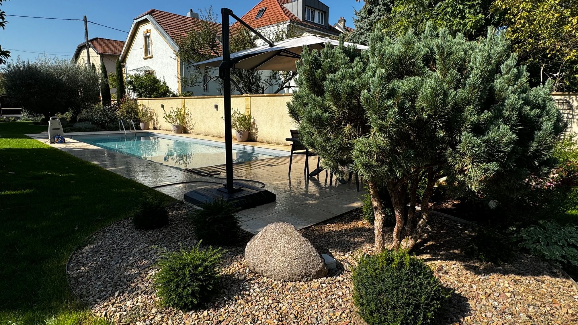 Une piscine avec un espace patio, entourée d’un jardin agrémenté de divers arbustes et d’un grand arbre.