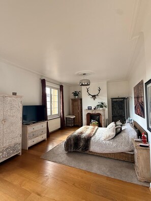 A bedroom with a bed, a television, a fireplace, and a large mirror. - 7-ROOM VILLA, 15 MINUTES BY BUS OR 30 MINUTES ON FOOT TO THE PARCOURS DU PAPE   (Montigny-lès-Metz)