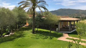 A well-maintained garden with a palm tree, a small building with a tiled roof, and a view of distant mountains. - casaVerdeMare charming detached villa Sardinia (Sardegna)