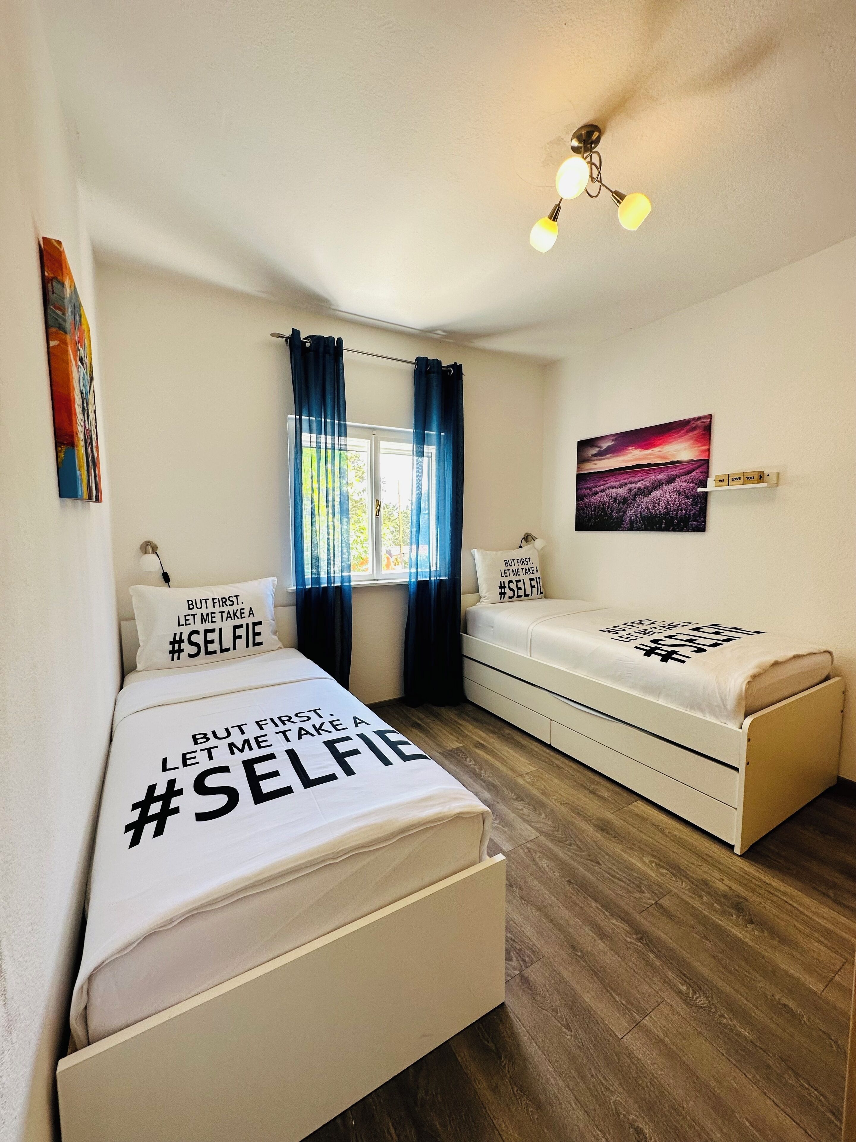Un dormitorio con dos camas, una ventana con cortinas, una lámpara en el techo y un cuadro en la pared.