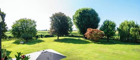 A well-maintained lawn with a large umbrella, several trees, and a distant view of a field.