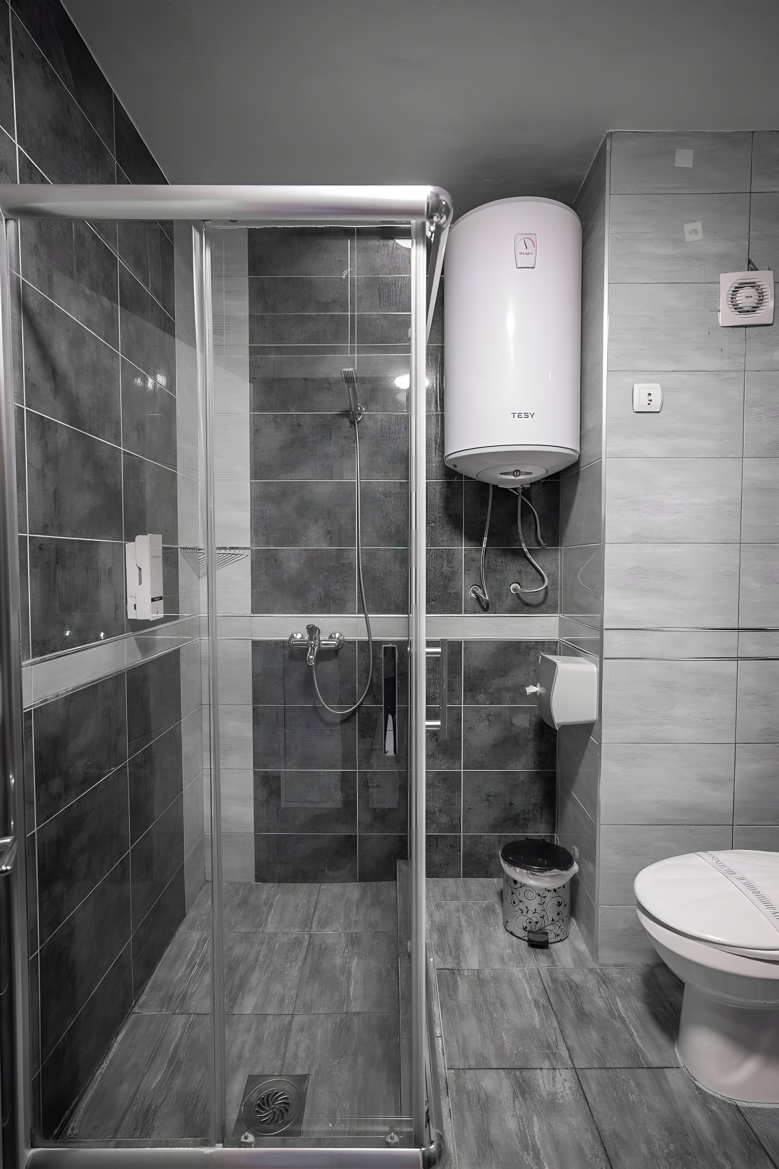 Een moderne badkamer met een douche met glazen wand, een wit toilet en een wandradiator.