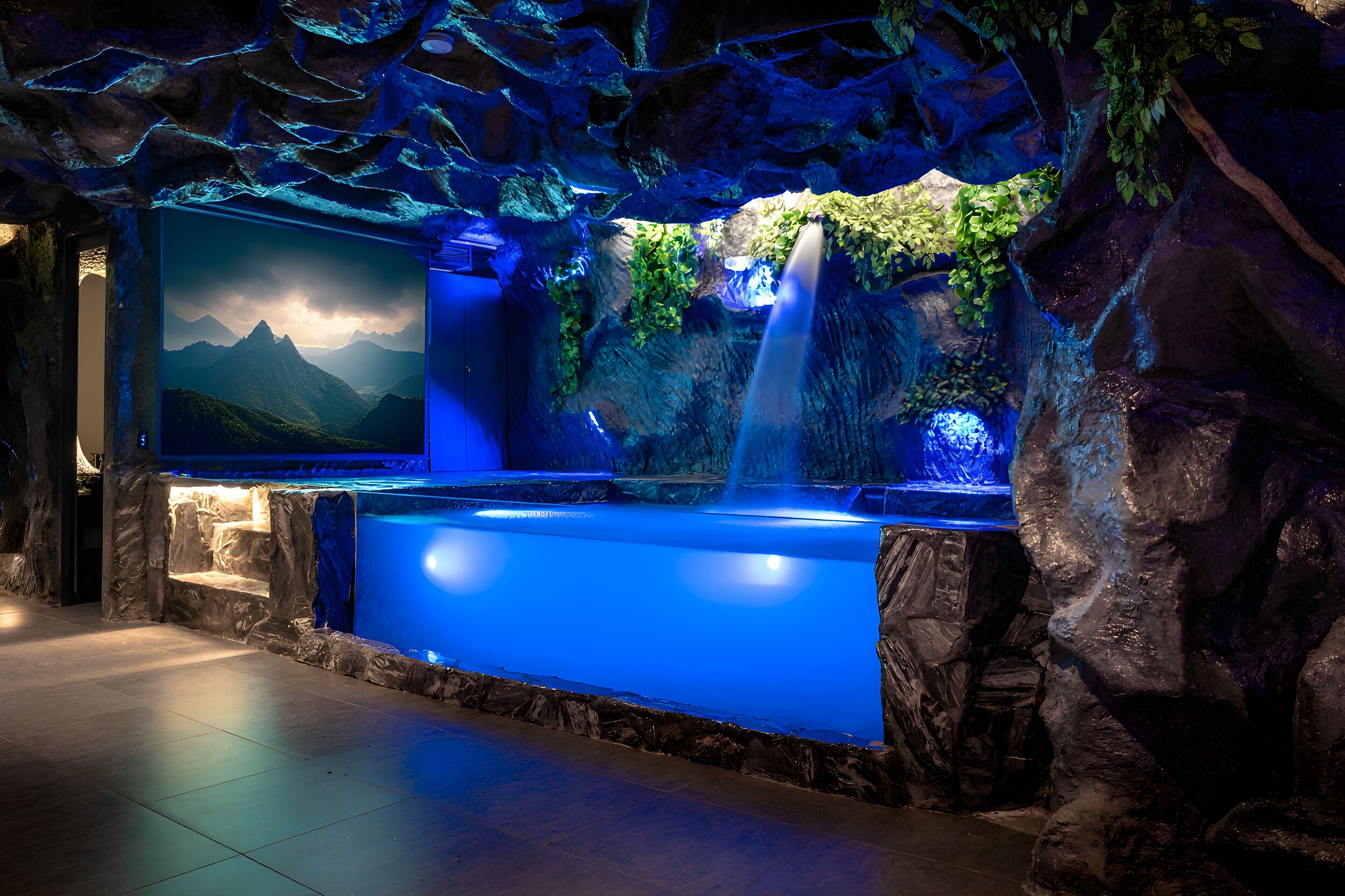 Un área de spa con una gran pared de roca, una cascada y un cuadro enmarcado de montañas.