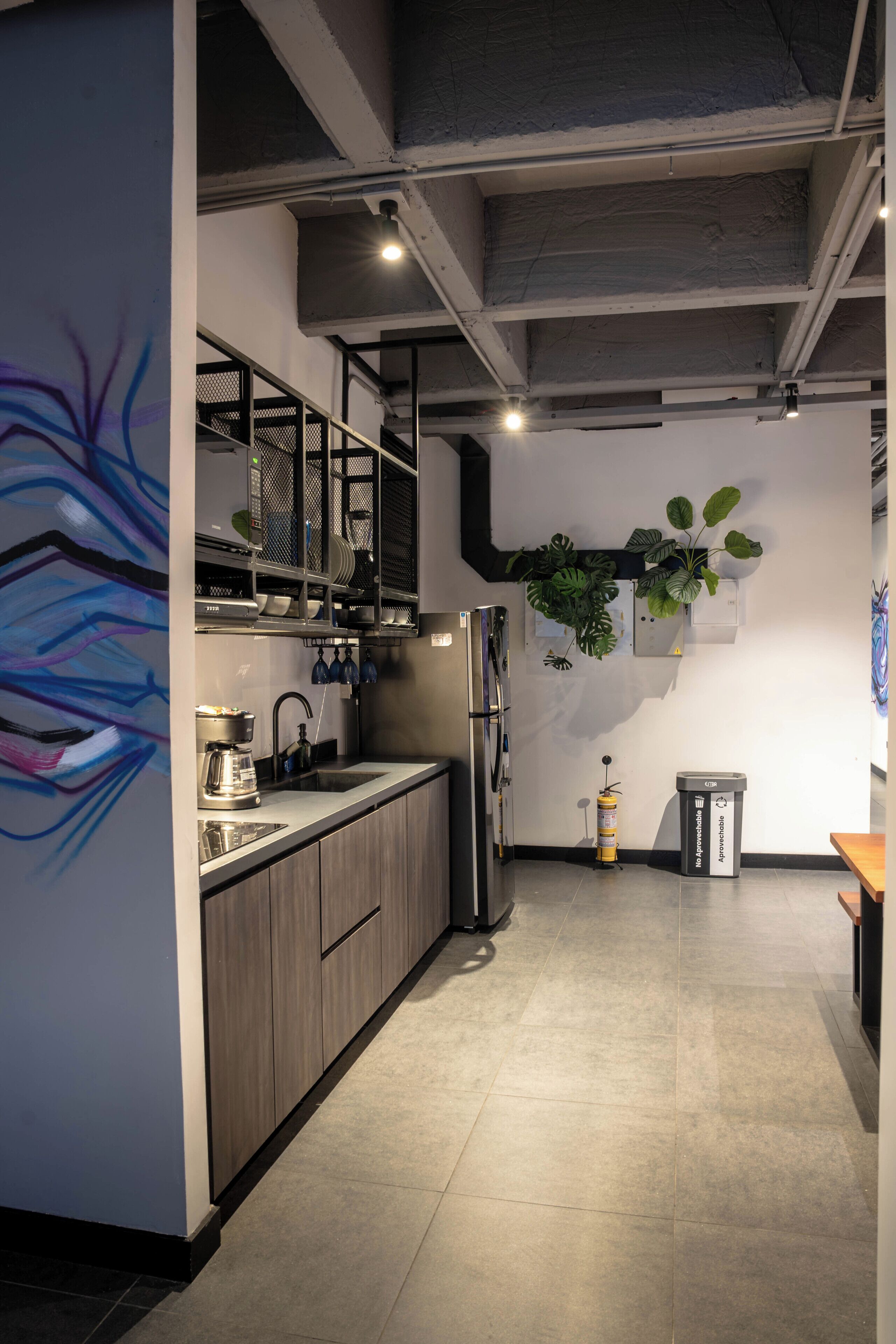 A modern kitchen with a built-in dishwasher, a stainless steel refrigerator, and a hanging plant.