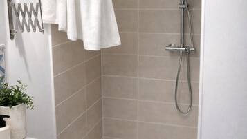 Douche, sèche-cheveux, serviettes fournies, savon