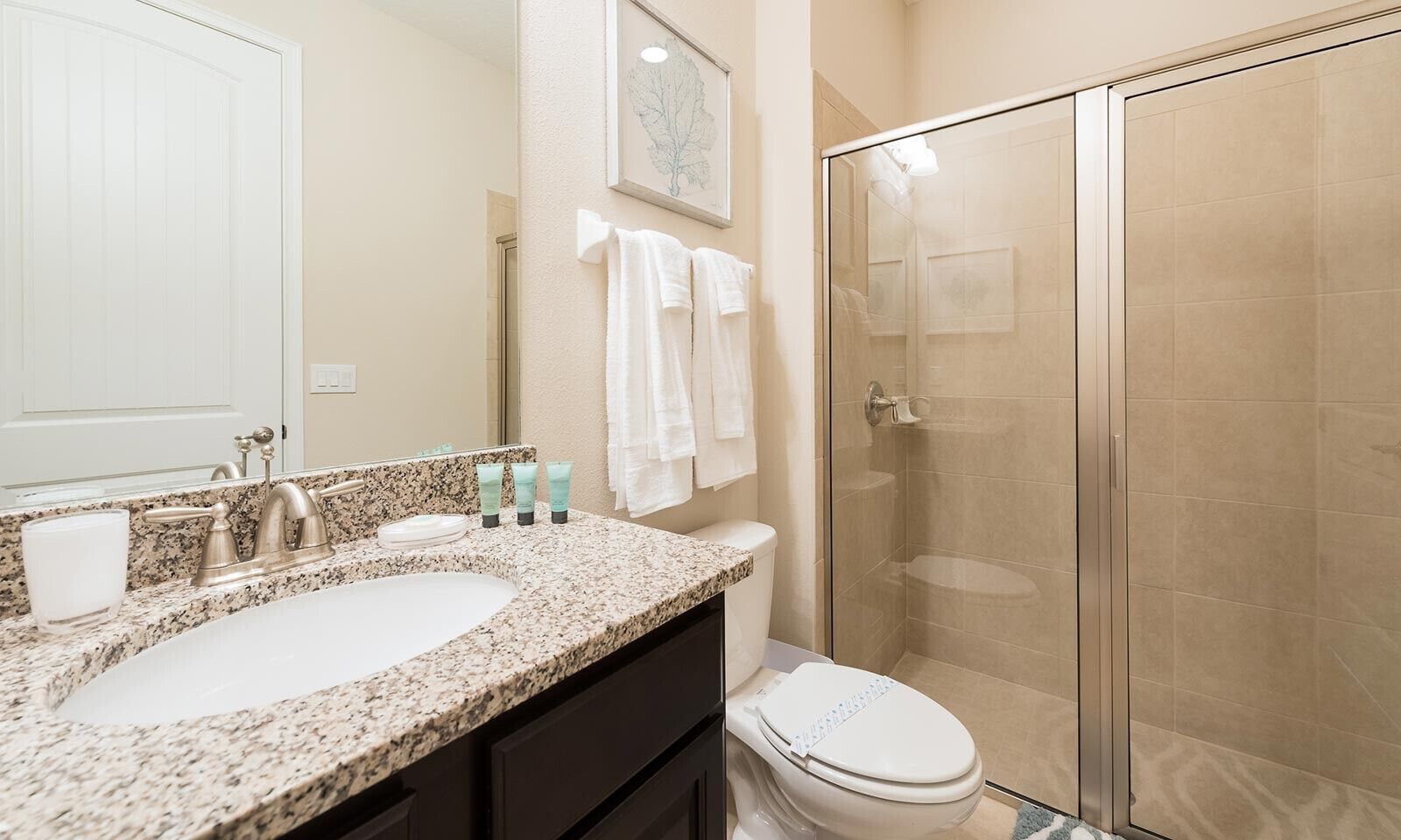 Une salle de bain avec un lavabo sur un comptoir en granit, des toilettes et une douche à parois de verre.