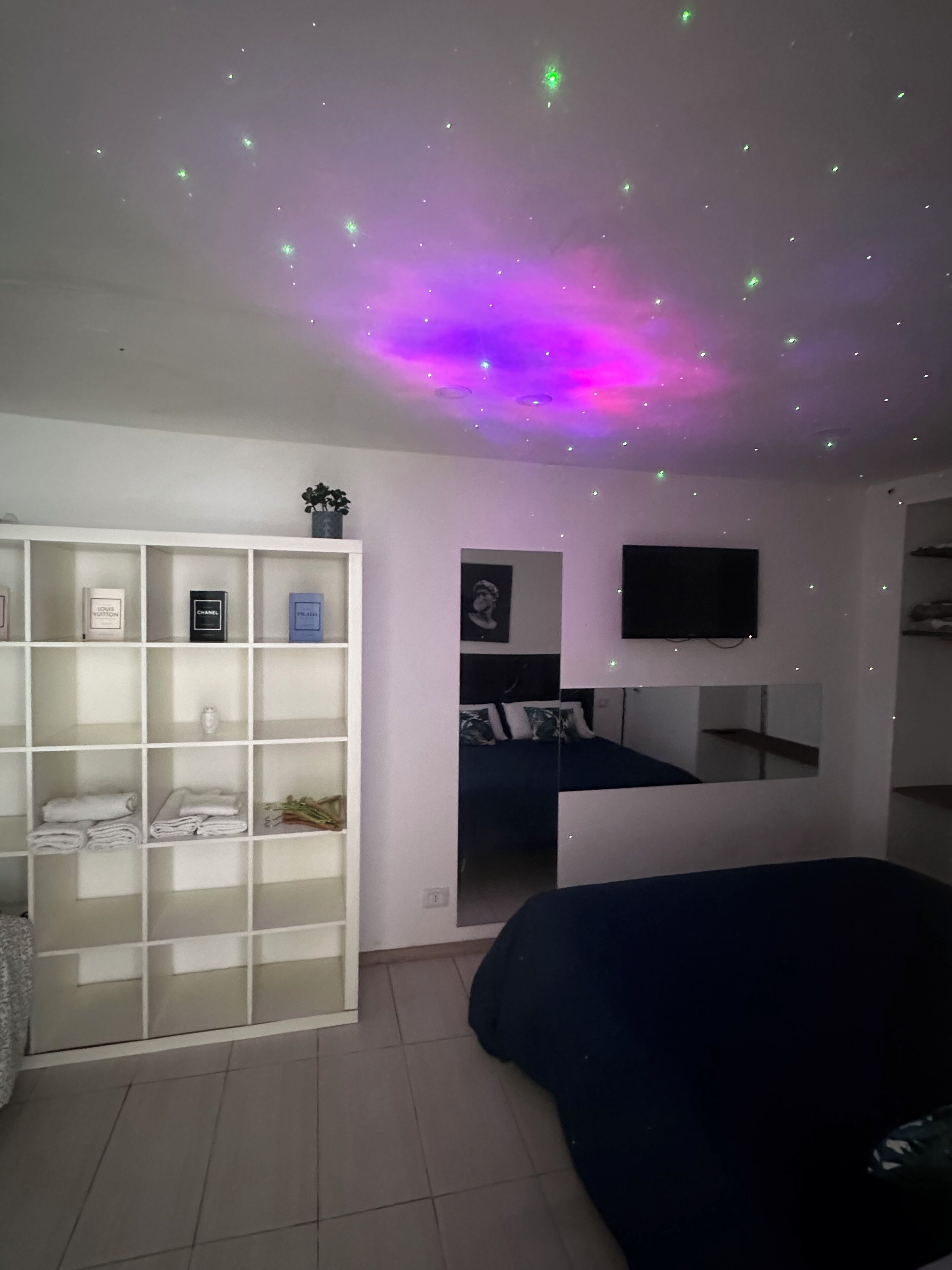 A bedroom with a bed, a wardrobe, a mirror, and a TV.