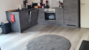 A modern kitchen with grey cabinets, a built-in oven, and a red ceiling beam. - Trade fair/holiday accommodation (Willich)