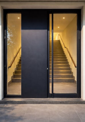 A modern entrance with a dark door and a staircase leading to an upper level. - Primo Piano Rooms (Aversa)