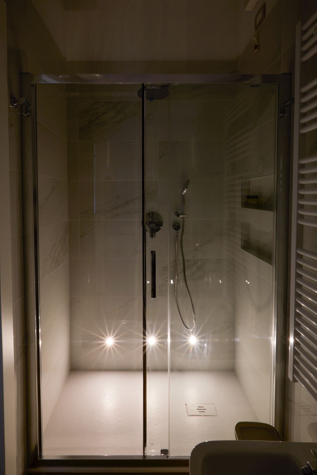Een douche, een haardroger, een bidet, handdoeken