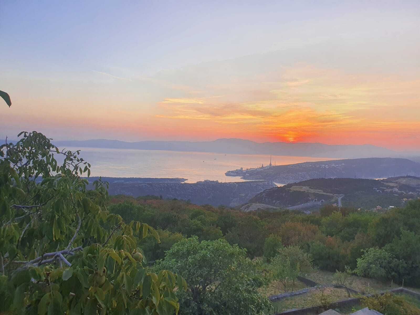 A coastal landscape with a sunset, greenery, and distant cityscape.