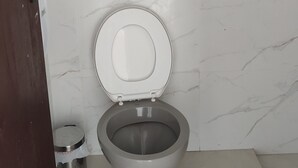 A bathroom with a toilet, a small trash bin, and a marble wall. - Boaventura  (Unaí)
