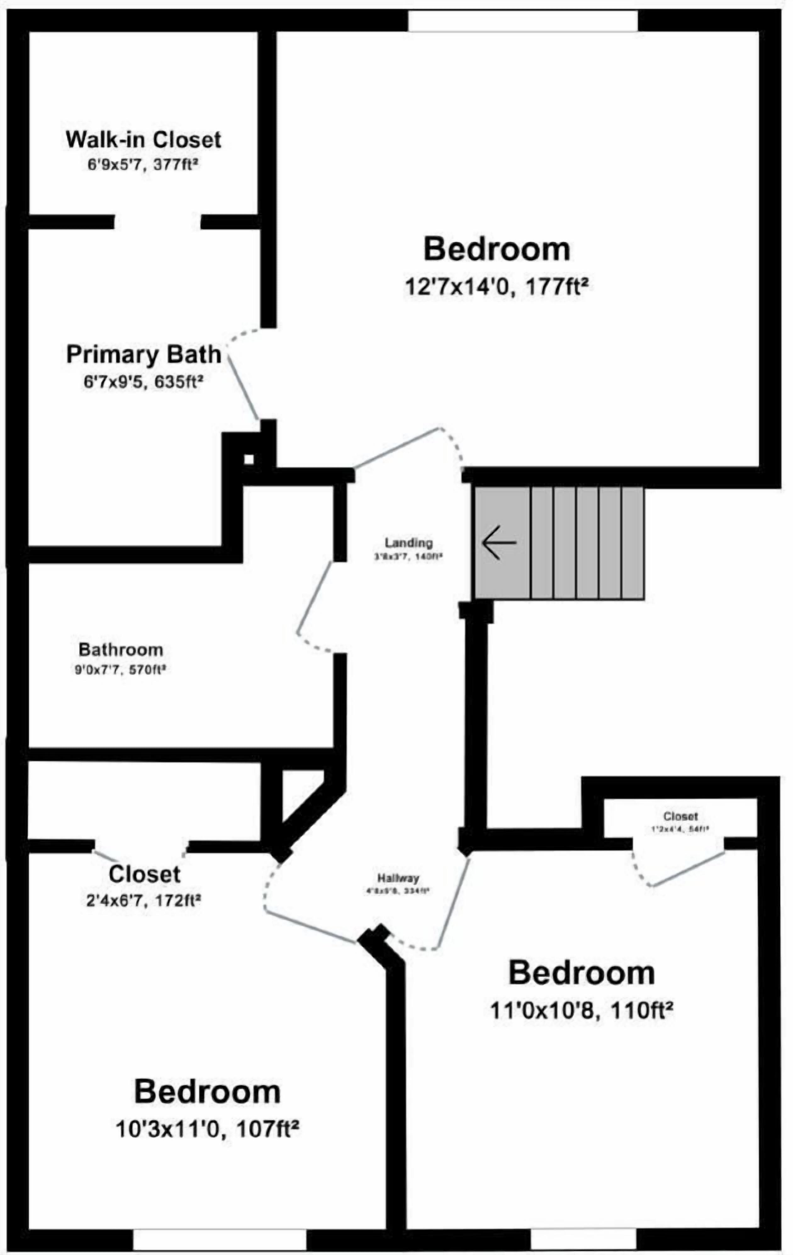 Plattegrond met twee slaapkamers, een hoofdbadkamer, een inloopkast, een badkamer en een overloop.