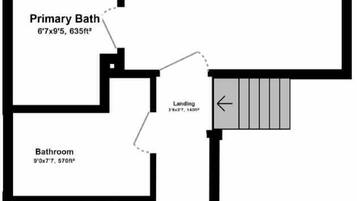 Plattegrond met twee slaapkamers, een hoofdbadkamer, een inloopkast, een badkamer en een overloop.