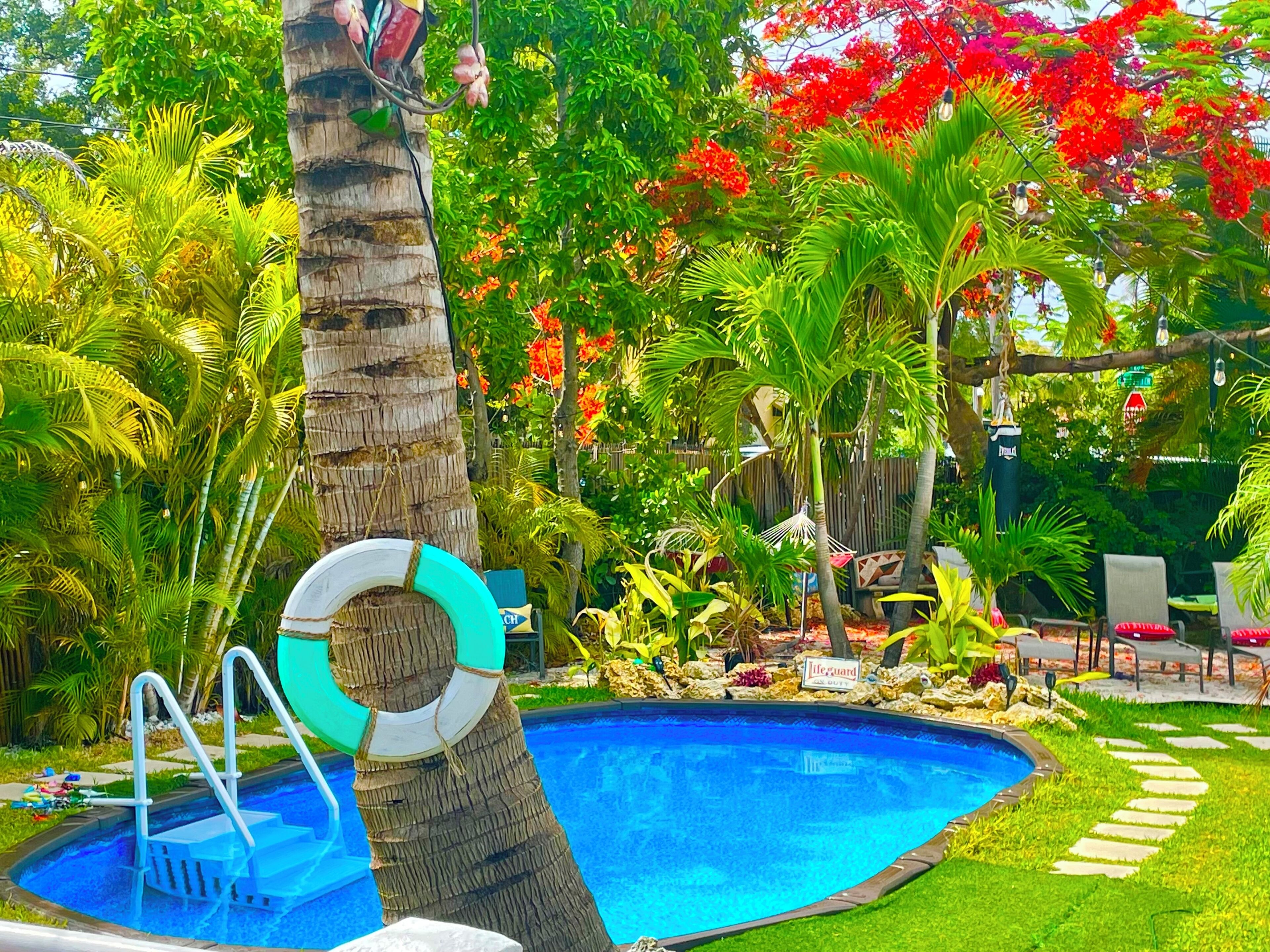 A swimming pool surrounded by lush greenery and a palm tree.