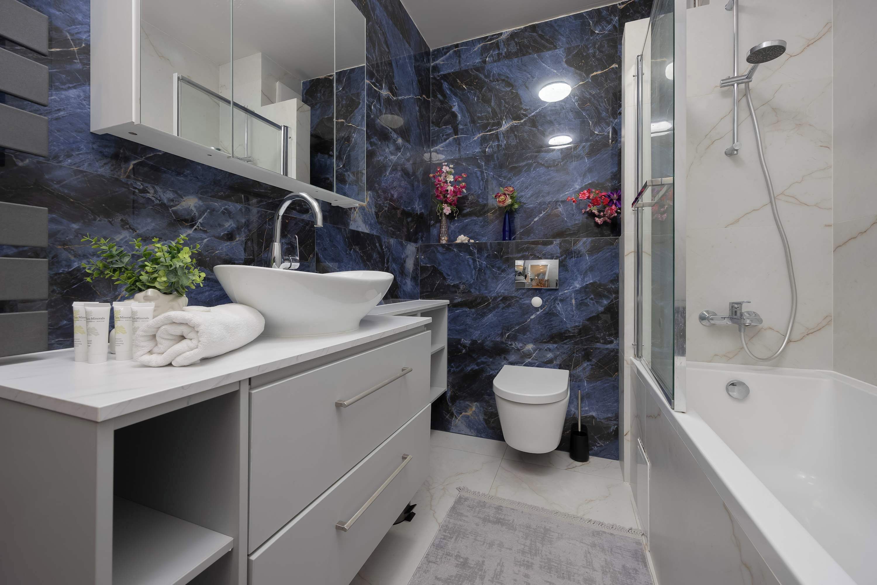 Shower, hair dryer, towels, shampoo