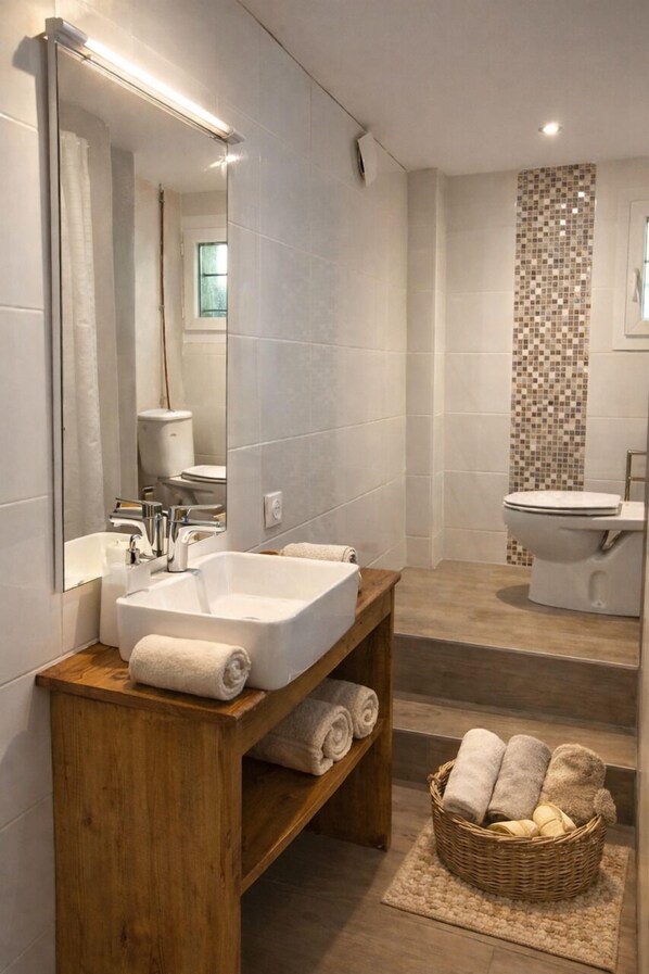 Shower, hair dryer, towels, soap
