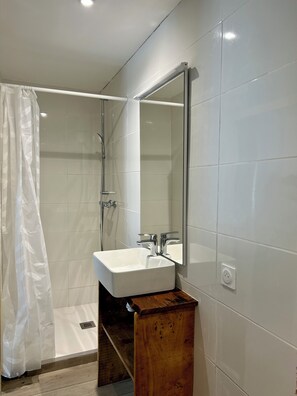 Regadera, secadora de cabello, toallas, jabón