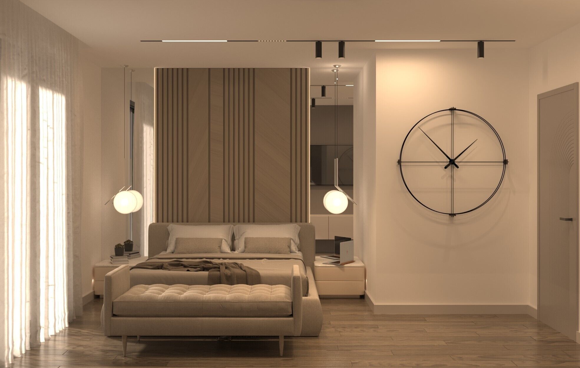Ein modernes Schlafzimmer mit einem Bett, Nachttischen und einer Wanduhr.
