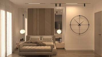 Ein modernes Schlafzimmer mit einem Bett, Nachttischen und einer Wanduhr.