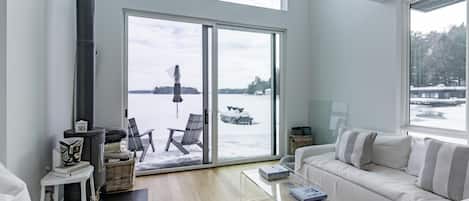 Smart TV, fireplace, books