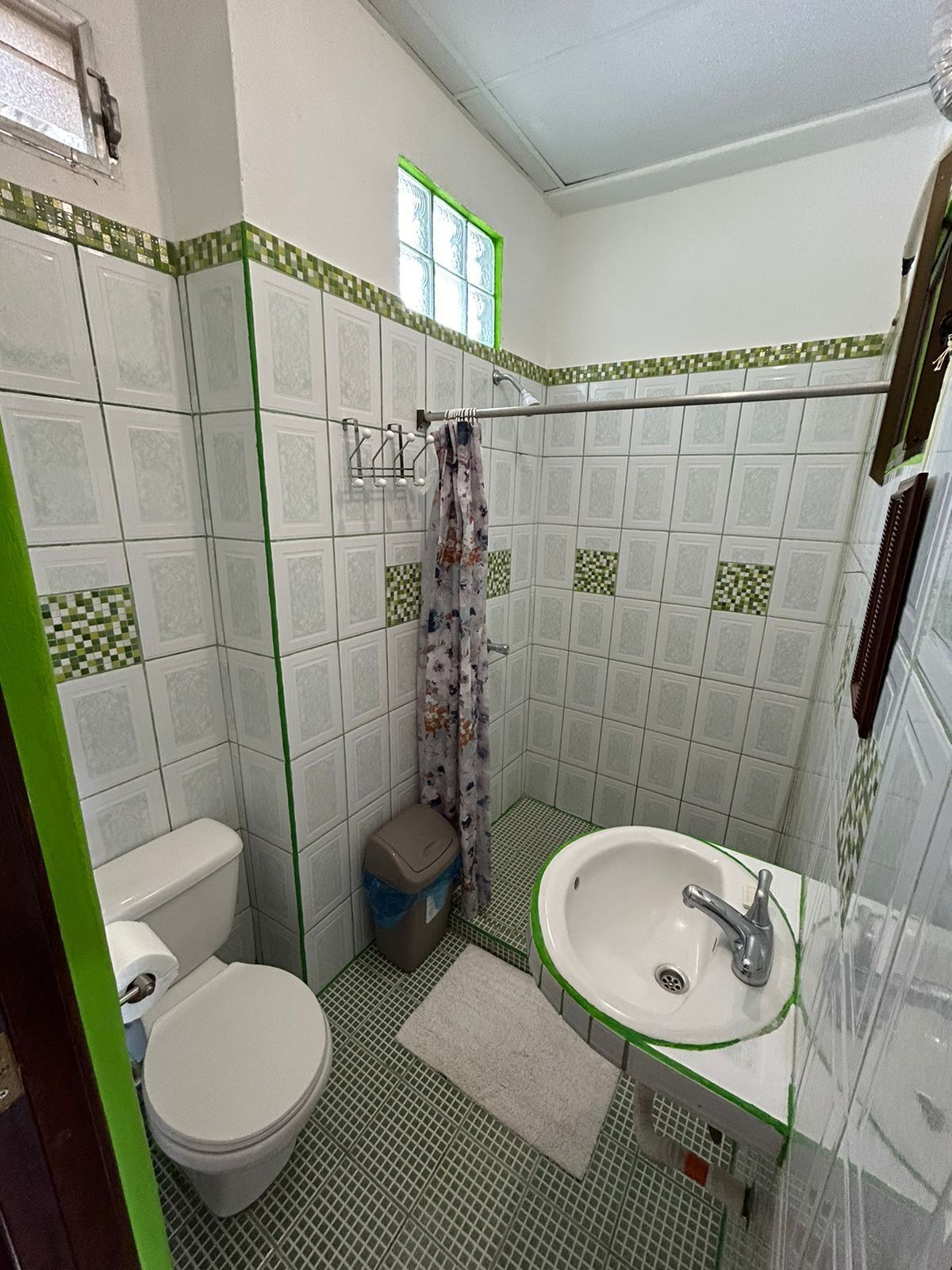 Un bagno piccolo con il water, lavandino e doccia.