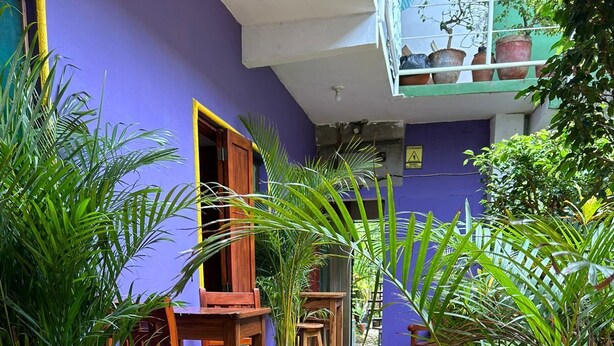 Une pièce avec un sol carrelé, des meubles en bois et des plantes en pot.