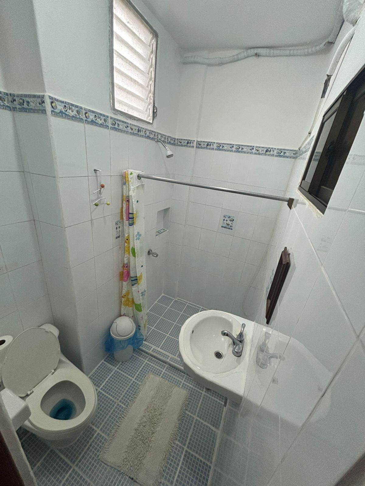 Ein kleines Badezimmer mit Toilette, Waschbecken und Dusche.