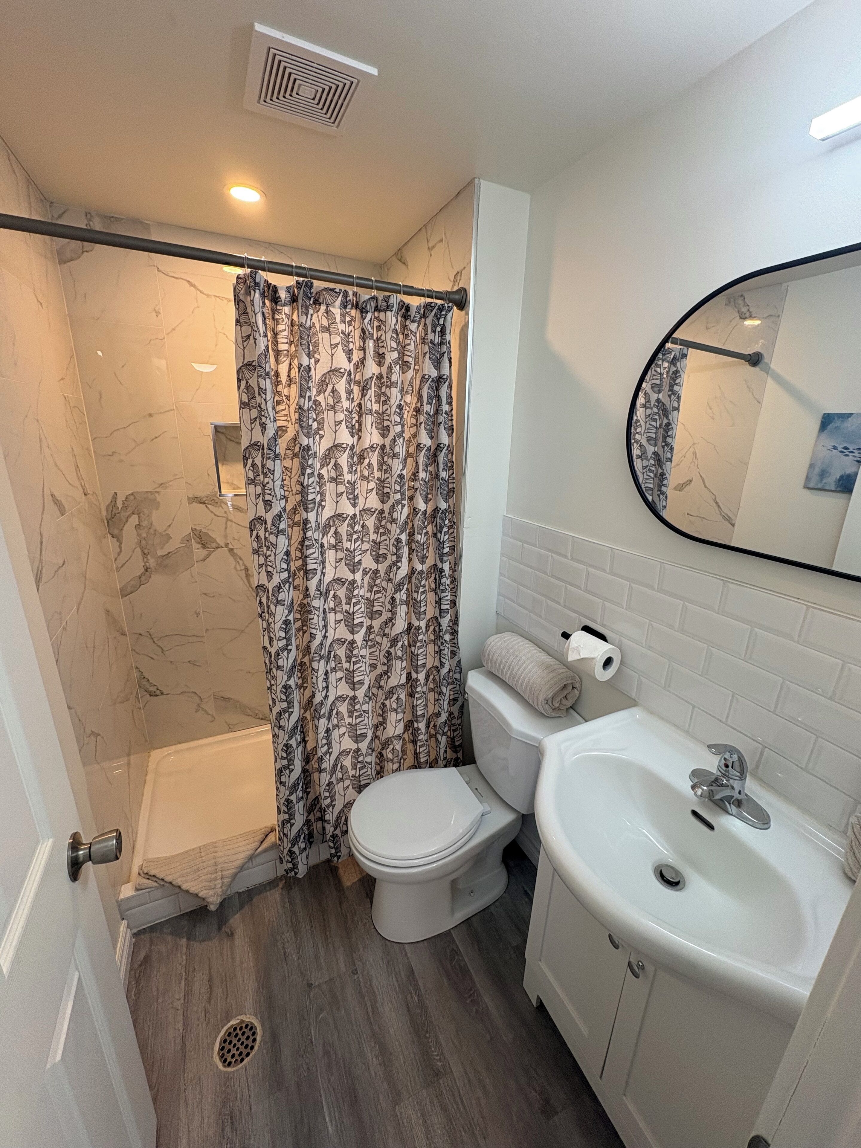 Chuveiro, secador de cabelo, toalhas de banho, sabonete