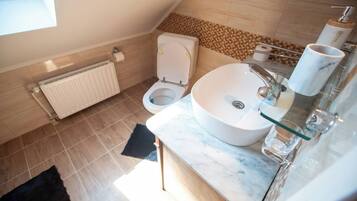 A modern bathroom with a white toilet, a large sink, and a glass shower enclosure.