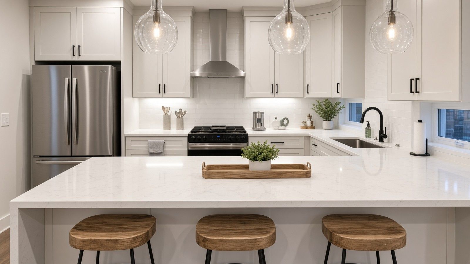 A modern kitchen with a stainless steel refrigerator, a central island with stools, and pendant lighting.