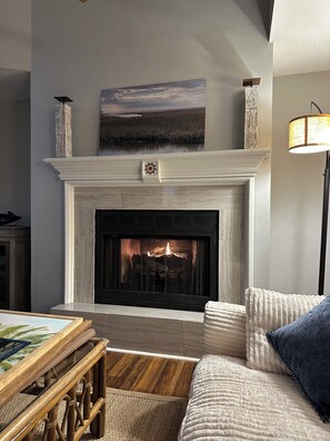 Smart TV, fireplace, books, stereo