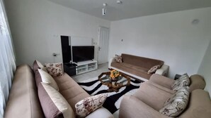 Un salon comprenant un canapé, une table basse et un téléviseur à écran plat.