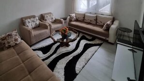 Un salon avec deux canapés, une table basse ornée de fleurs, un tapis à motifs zébrés et un téléviseur posé sur un meuble.