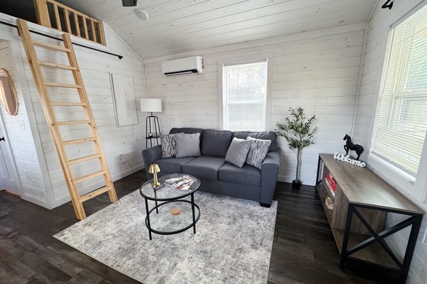 The living room with the ladder that leads to the loft with queen mattress