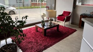 Ein modernes Wohnzimmer mit einem roten Teppich, einem roten Sessel, einem Couchtisch und einer Topfpflanze.