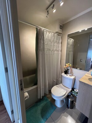 Hair dryer, towels, soap, toilet paper