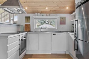 Fridge, stovetop, dishwasher, coffee/tea maker