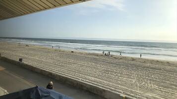 On the beach, sun loungers
