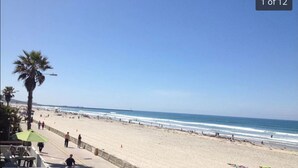 A beach with a clear sky, palm trees, and people walking.