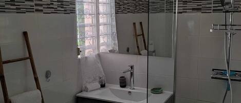 Hair dryer, towels, soap, toilet paper
