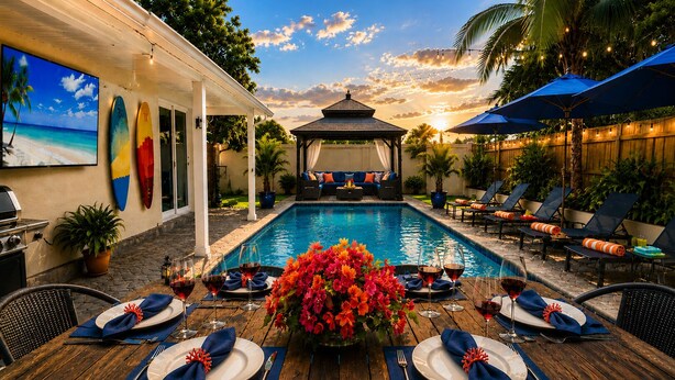 A poolside dining area with a view of the sunset, lounge chairs, and surfboards on the wall. - Luxe Pool Retreat:  Heated Pool, Game Room, Sleeps 14 (Fort Lauderdale)