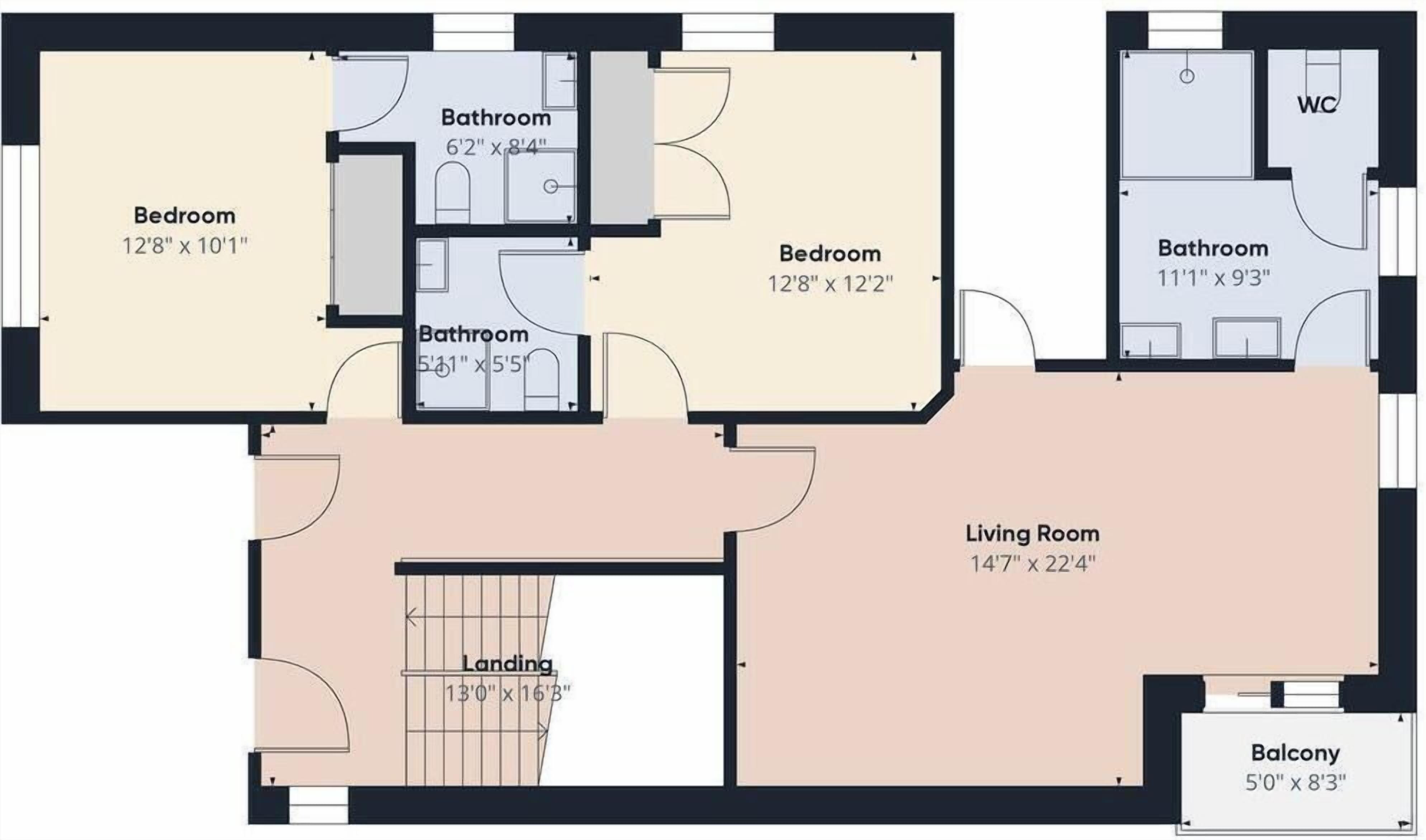 A floor plan of a hotel with two bedrooms, two bathrooms, a living room, a landing area, and a balcony.