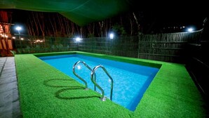 A swimming pool with artificial grass and metal handrails, surrounded by a fence and illuminated by overhead lights.