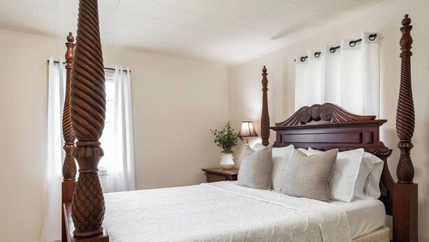 A four-poster bed with a wooden headboard, a bedside table with a lamp, and a potted plant on the nightstand. - The Rose 1 (Broussard)