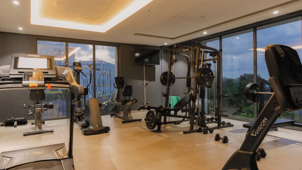 A modern gym with various exercise equipment, a treadmill, and a large window offering a view of the outdoors. - Cozy, delightful, luxurious 1BR with AC in pleasant Cantonments near everything. (Accra)