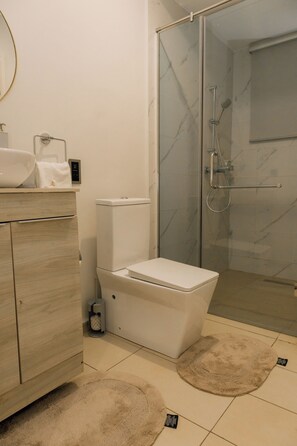 Douche, serviettes fournies, papier toilette