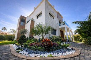 Une maison moderne à deux étages, dotée d’un jardin aménagé à l’avant.